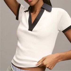 Maeve Cropped Contrast Polo Top - White with Black Trim size Medium